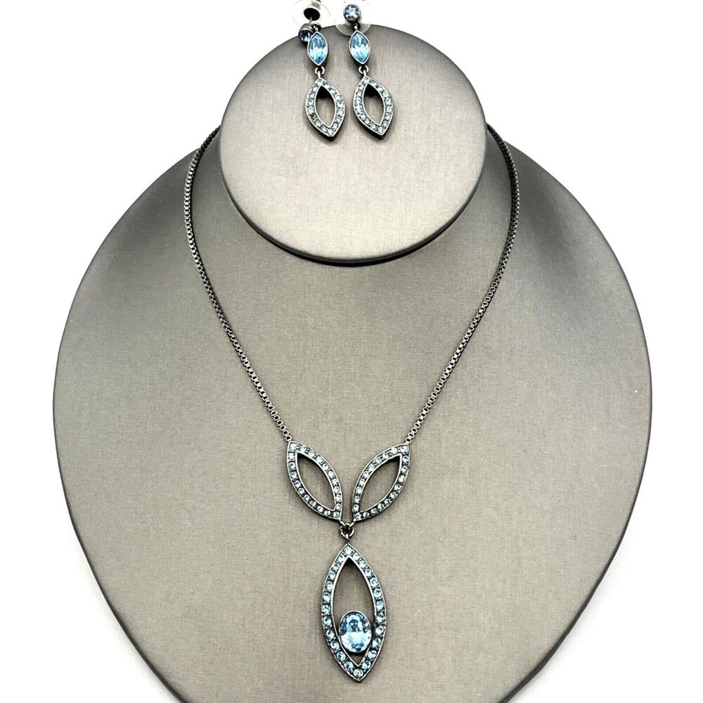 GIVENCHY Blue Rhinestone Necklace and Pierced Dangle Earrings Set Gunmetal 17"